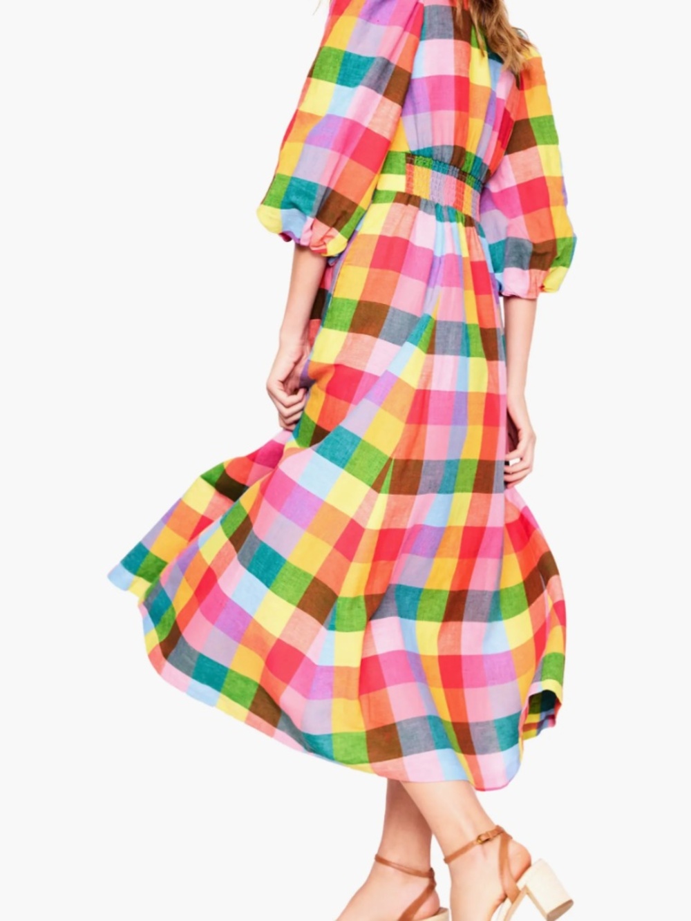 NWT Boden Lola Blouson Maxi Dress US 6R Rainbow Multigingham Linen Cotton - Picture 4 of 6
